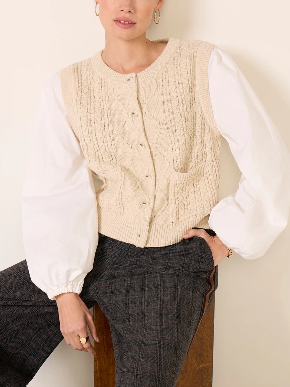 Evereve Button Cableknit Cardigan Puff Sleeve Sweater
